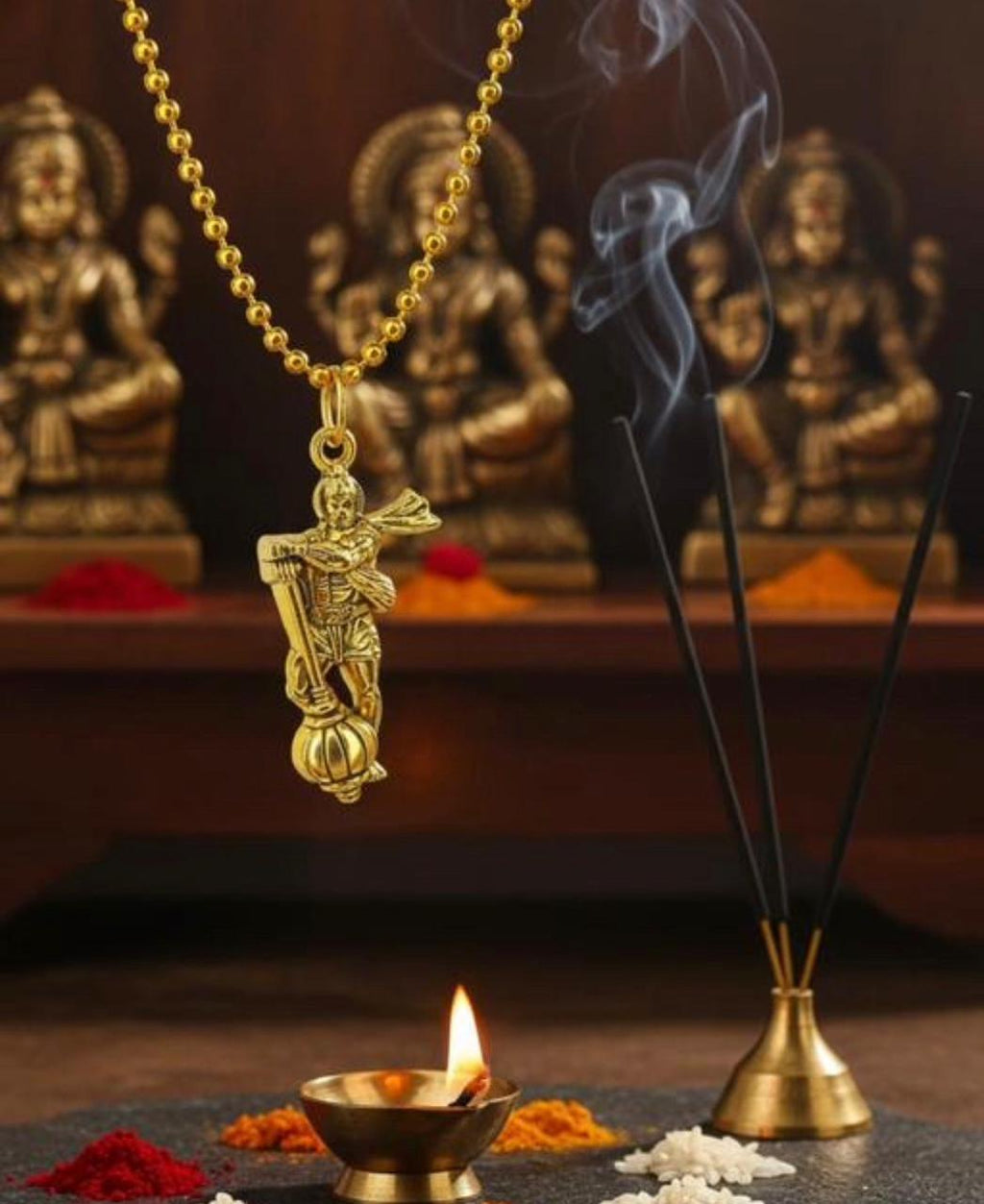Powerful Hanuman Gada Gold-Plated Pendant with Chain | Divine Strength Spiritual Necklace for Men & Boys