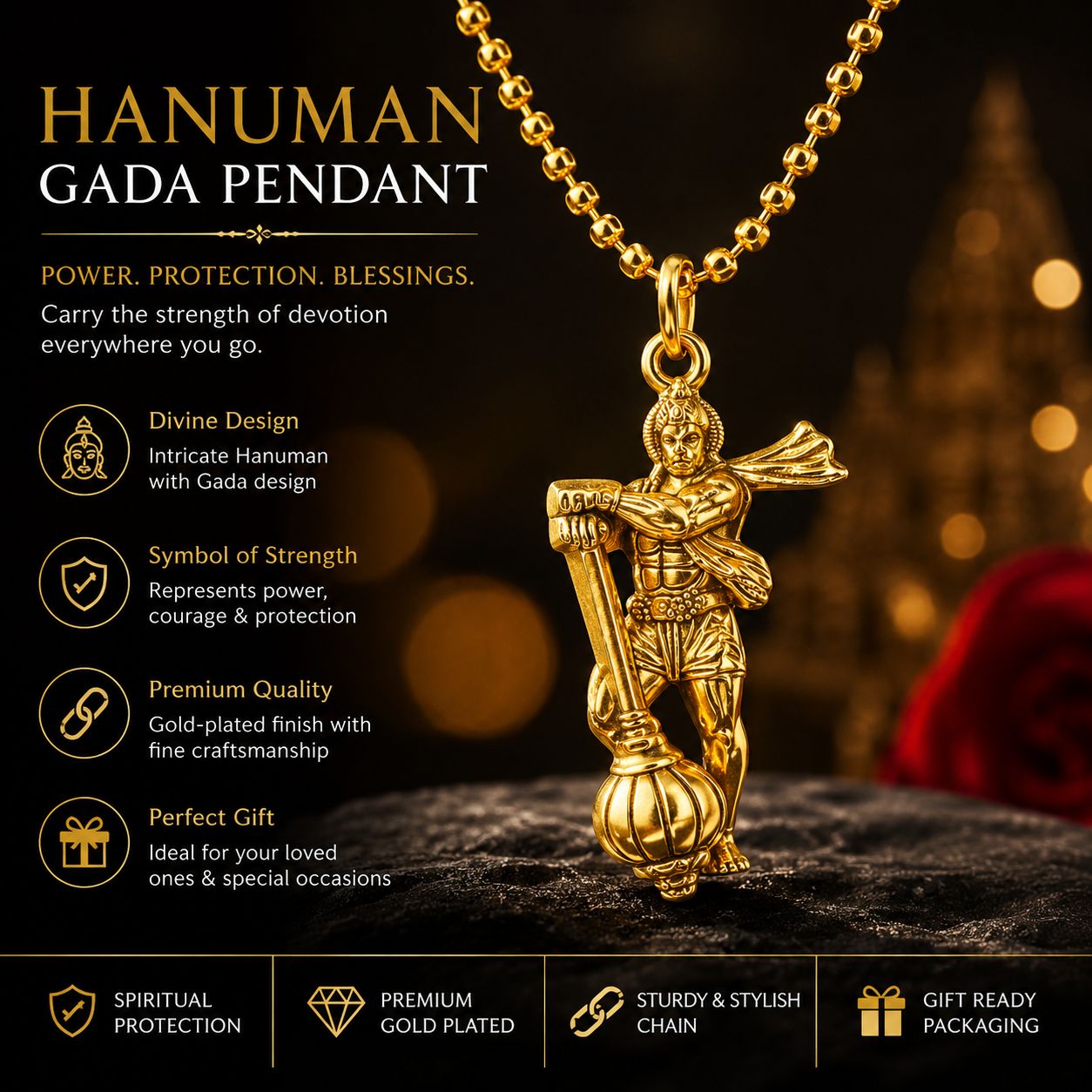 Powerful Hanuman Gada Gold-Plated Pendant with Chain | Divine Strength Spiritual Necklace for Men & Boys